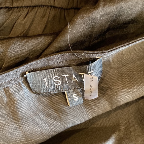 1. State black silky 3/4 sleeve faux-wrap peplum blouse - Picture 8 of 8